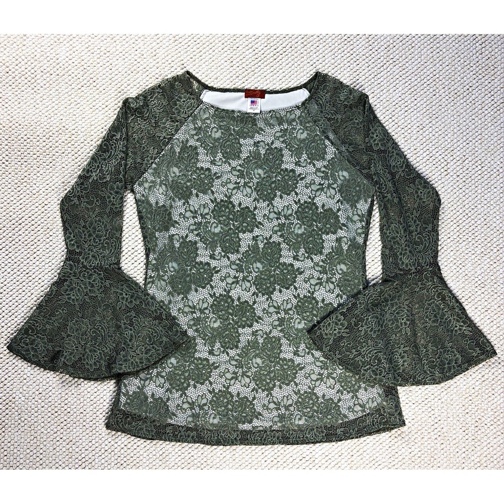 Scully Sage Green Floral Lace Bell Sleeve Blouse Medium Made in USA Western Boho